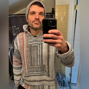 Striped Woven Baja Hoodie in Cream, Black & Rust